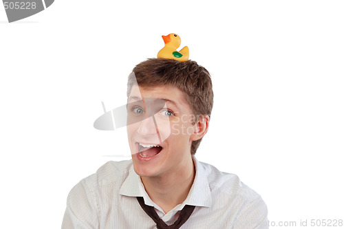 Image of Young man with a rubber duck on his head