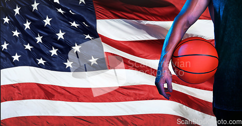 Image of Sports, usa flag, and basketball with hand of man for fitness, training and competition match. Championship, games and muscle with athlete and ball with American pride for national, league and club