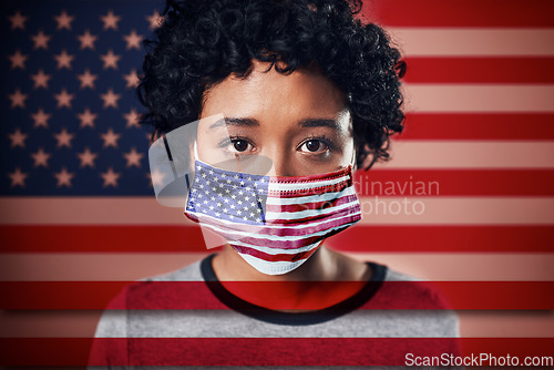 Image of American, flag and face mask on woman activist proud and confident in her country during covid looking serious. Head, eyes and young female volunteer serious, focus and protection from corona