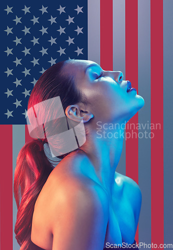 Image of American, flag and background with woman beauty, self care and skincare isolated in USA empowerment theme. Activist, skin and young natural female volunteer or wellness model closed eyes