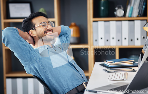 Image of Business man, smile and stretching to relax from easy project, complete achievement and happiness in office. Happy worker, hands behind head and finish tasks, rest and break for productivity at desk