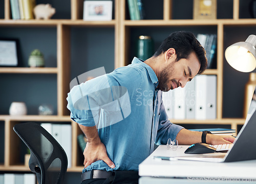 Image of Back pain, business man and office stress of muscle injury, health risk and backache on desk chair. Uncomfortable worker, spine problem and posture of body, scoliosis and fatigue of corporate burnout