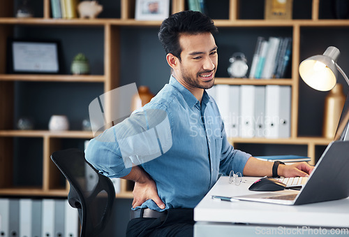 Image of Back pain, man and stress at office desk of muscle injury, health risk and backache joint on chair. Uncomfortable worker, spine problem and posture of body, scoliosis and fatigue of corporate burnout