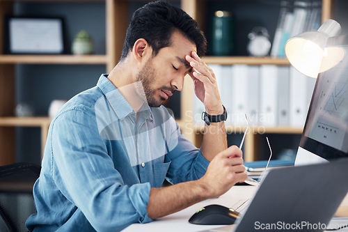 Image of Burnout, headache and tired business man in anxiety, mental health problem and bankruptcy crisis. Sad, frustrated and stressed male with fatigue, depression and risk of debt, disaster and tax mistake