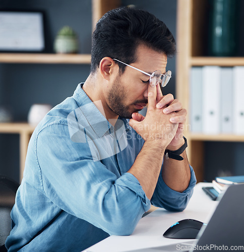 Image of Eyes, pain and headache of business man in anxiety, mental health problem and bankruptcy crisis. Tired, frustrated and stressed male, glasses and fail of fatigue, burnout or depression of tax mistake