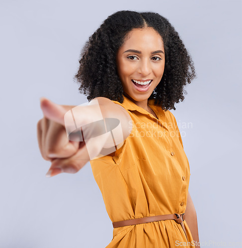 Image of Hand, pointing and black woman in studio with you, choosing or decision against grey background. Happy, girl and finger emoji for direction, order or sign, symbol and gesture while posing isolated