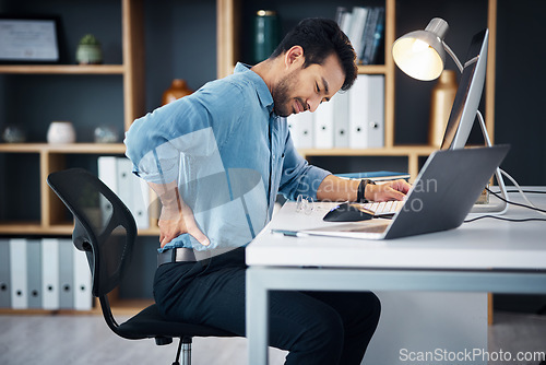 Image of Back pain, man and stress of desk worker, muscle injury and health risk on chair. Uncomfortable worker, spine problem and posture of body, scoliosis and fatigue of backache, burnout and fibromyalgia