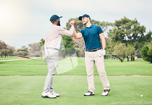 Image of Friends, men and shaking hands on golf course for sports, trust or partnership on grass field together. Golfing, collaboration and happy people handshake for good match, game or competition outdoors.