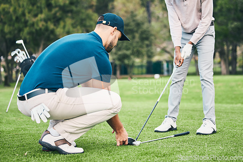 Image of Teaching, golf lesson and sports coach help man with swing, driver or stroke outdoor. Coaching, course and club support of athlete men ready to start golfing exercise, workout and training for game.