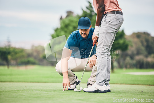 Image of Teaching, golf lesson and sports coach help man with swing, putter and stroke outdoor. Golfing, green course and club support of a golfer athlete ready for exercise, fitness and training for a game.