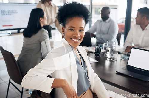 Image of Black woman in portrait in office meeting with business mindset for online career planning on laptop screen mockup. Face of professional person or employee on computer in job conference or workshop