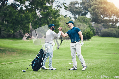 Image of Golf, friends and sport with men on course playing for training, games and challenge. Tournament, handshake and support with players and congrats on lawn field for competition, hobby and practice