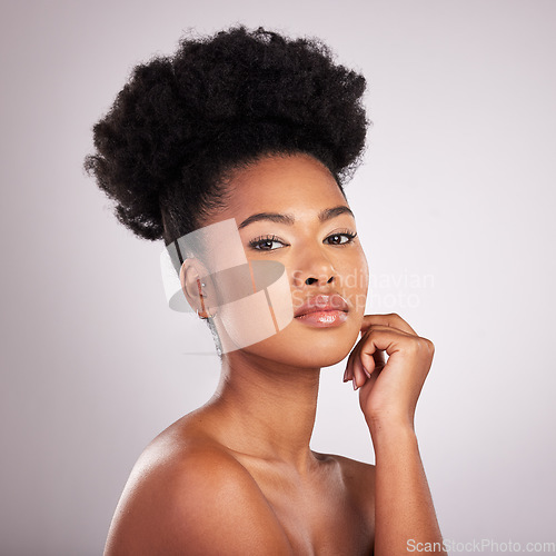 Image of Skincare, beauty and portrait black woman with confidence, white background and cosmetics product. Health, dermatology and natural makeup, African model in studio for healthy skin care and wellness.