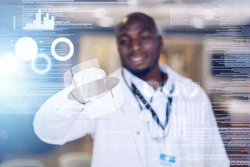 Image of Overlay, database and healthcare with a doctor black man touching a 3d or ai hologram interface for research and innovation. Digital, technology and medical with a medicine professional in a hospital