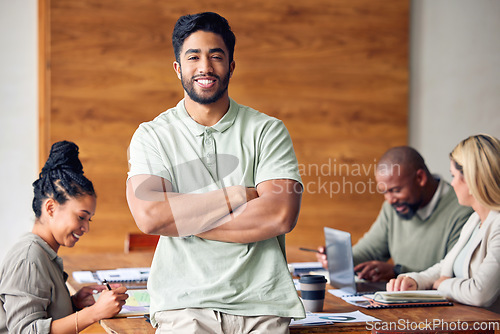 Image of Portrait, business and man with arms crossed, success or professional with staff, planning or new project. Face, male leader or entrepreneur with smile, leadership skills or teamwork for advertising