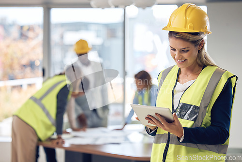 Image of Architecture, tablet and woman with project management, software design and planning in office for blueprint. Construction worker, contractor or engineering person on digital tech for floor plan idea