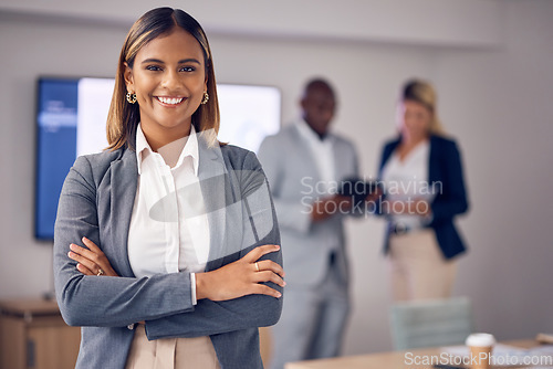 Image of Proud portrait of business woman in office meeting with mindset for employees engagement, leadership and management. Face of happy corporate or professional Indian person or worker with job integrity