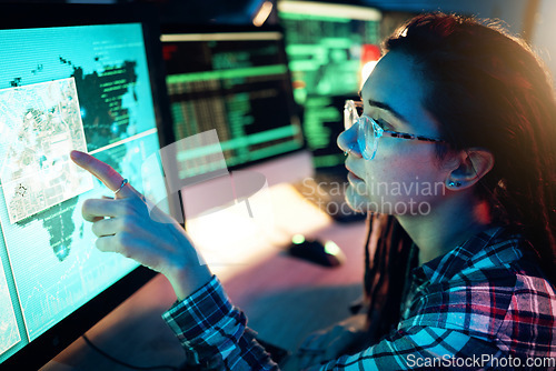 Image of Woman, computer screen and hacker with software, data programming or cybersecurity. Developer, it coder and female reading map for hacking, location or phishing, malware and dark web at night in home