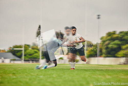 Image of Rugby people running fast on field for competition, game or match strategy, energy and focus for team goals. Speed of sports men or athlete on pitch for gaming event outdoor in action or motion blur