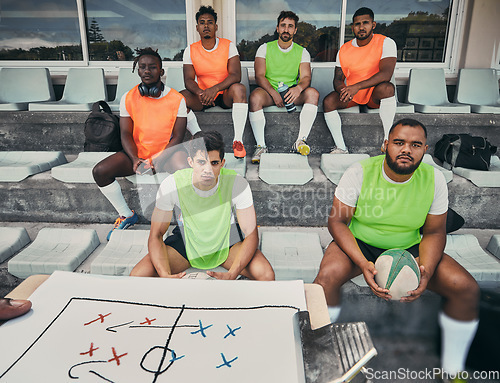 Image of Rugby team, people and coach with strategy on clipboard for exercise event, game formation or match planning at stadium. Diversity group, sports men portrait and training goals, discussion or mission