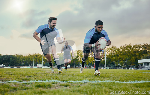 Image of Rugby, sports and men training, score and exercise for balance, endurance and workout for wellness. Team, male athletes or players with ball, victory or winning on grass field, competition and active