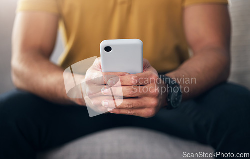 Image of Closeup, hands and man with smartphone, typing and connection for communication, search website and online reading. Zoom, hand or male with cellphone, mobile app or network signal for message or text