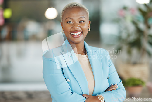 Image of Office portrait, leader and happy black woman, business manager or employee smile for startup company success. Management, corporate person and African female, bank admin or professional consultant