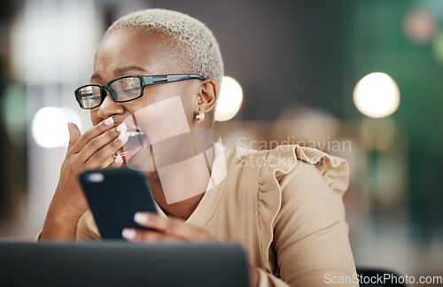 Image of Black woman laughing, phone and reading online post, social media or internet meme in office, workplace and night bokeh. Happy person with funny video, chat or networking on smartphone or cellphone