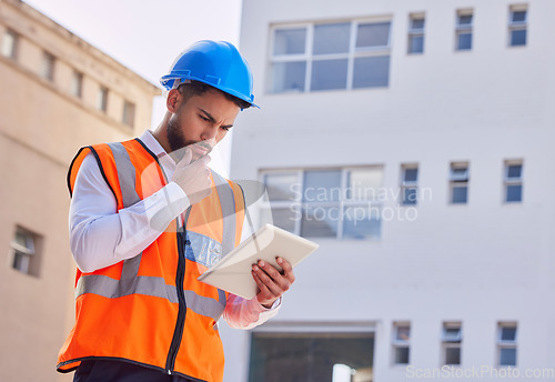 Image of Tablet, thinking and engineering man, construction worker or building contractor contemplating or ideas for urban design. Architecture, city planning and builder inspection on digital technology app