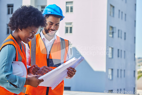 Image of Architecture, blueprint and teamwork with people on construction site for inspection, development or project management. Engineering, buildings and designer with man and black woman for floor plan