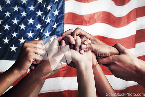 Image of Collaboration, unity and hands holding on American flag for community together in teamwork for the country. Group, support and closeup of international team meeting in trust, activism and victory