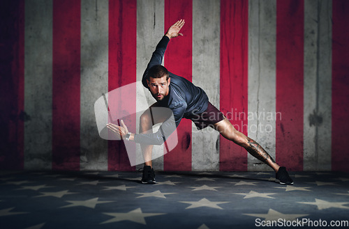 Image of Portrait, fitness and a sports man with a usa flag in studio on a stars and stripes background for competition. Health, exercise or patriot with a male athlete representing the red, white and blue