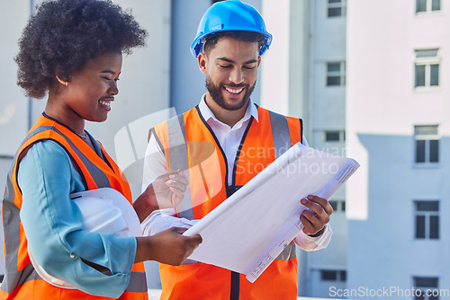 Image of Engineering, blueprint and teamwork with people on construction site for inspection, development or project management. Architecture, buildings and designer with man and black woman for floor plan