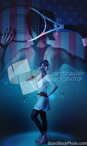 Image of Tennis, flag and usa with a sports woman in studio standing against an overlay background as a patriot. Fitness, health and america with a young female athlete posing hand on hip holding her racket