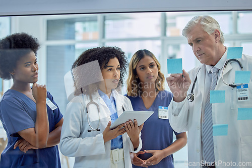 Image of Planning, training and doctors or people on glass board for workflow strategy, hospital management and internship. Medical students or women, healthcare mentor and clinic job priority on sticky note