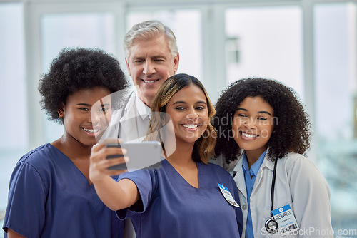 Image of Selfie of doctors, nurses or healthcare group of people for social media update or hospital teamwork. Diversity women and internship manager smile in profile picture in career post, team or website