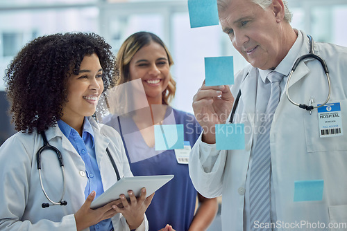 Image of Planning, training and doctors teamwork on glass board for healthcare management and internship workflow on sticky note. Medical students, people or woman with manager writing ideas for clinic goals