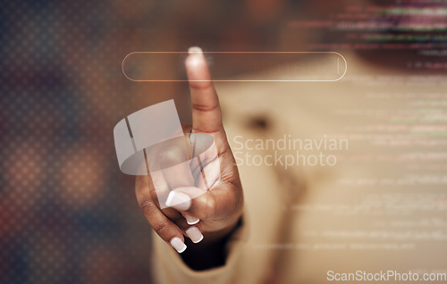 Image of Hand, search and overlay with a woman online, doing research on an information database using a holographic dashboard. Digital, future and a female user with touchscreen ai or ux hologram technology