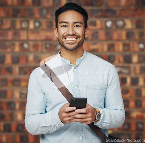 Image of Portrait, success and Asian man with smartphone, connection and happiness with creativity, cheerful and typing. Face, male employee or entrepreneur with cellphone, network or signal for communication