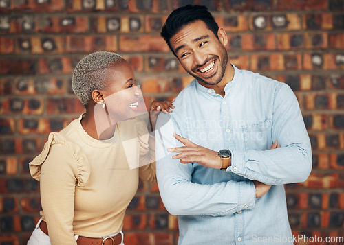 Image of Young, professional team and partnership, laugh with teamwork and friends against wall background. Happy working together, creative pair and diversity, black woman and man, collaboration and trust