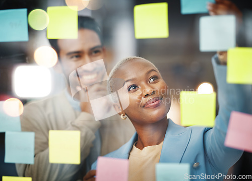 Image of Writing, planning and business people with schedule, teamwork or agenda, sticky note or innovation. Idea, partnership and black woman leader with goal, visual or problem solving, calendar or solution