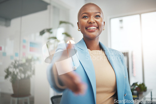 Image of Black woman, handshake and business partnership for trust, support or deal in collaboration or meeting at office. African American female employee shaking hands for introduction interview or greeting