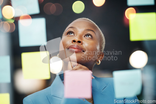 Image of Thinking, vision and black woman with schedule, planning and agenda, sticky notes and bokeh background. Idea, face and female leader with goal, visual and problem solving, calendar and management