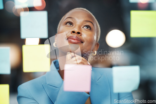 Image of Vision, thinking and black woman with schedule, planning and agenda, sticky notes and bokeh background. Idea, face and female leader with goal, visual and problem solving, calendar and management