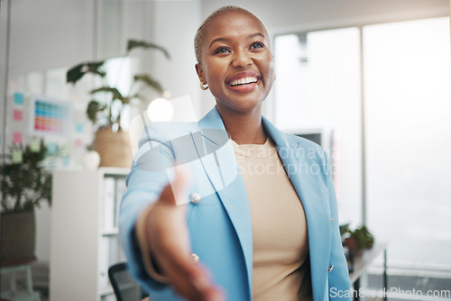 Image of Black woman, handshake and business partnership for support, trust or deal in collaboration or meeting at office. African American female employee shaking hands for introduction interview or greeting