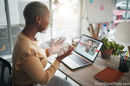 Image of Laptop, video call and a business black woman in her office, talking during a virtual meeting with a colleague. Computer, internet and webinar with a female employee chatting online to a coworker
