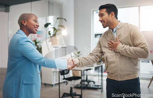 Image of Business people, handshake and partnership in collaboration for trust, unity or teamwork at the office. Businessman and woman shaking hands in meeting, b2b or agreement for greeting, welcome or deal