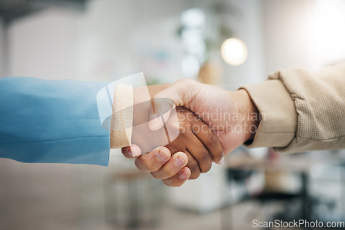 Image of Business people, handshake and partnership in collaboration for trust, unity or teamwork at the office. Employees shaking hands in meeting, b2b or agreement for team greeting, welcome or deal at work