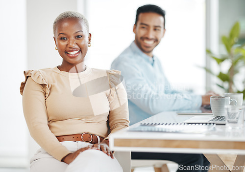 Image of Portrait, business smile and black woman in office with coworker and pride for career or profession. Boss, professional and happy, confident and proud African female entrepreneur with success mindset