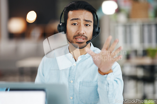 Image of Customer support, video conference portrait and man talking on telemarketing communication, contact us CRM or telecom. Ecommerce consulting, call center and tech support consultant on online webinar